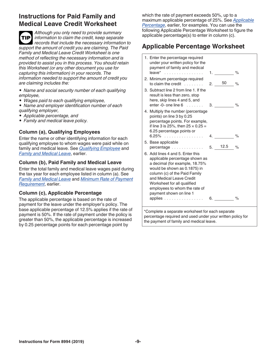 Instructions for IRS Form 8994 Employer Credit for Paid Family and Medical Leave, Page 9
