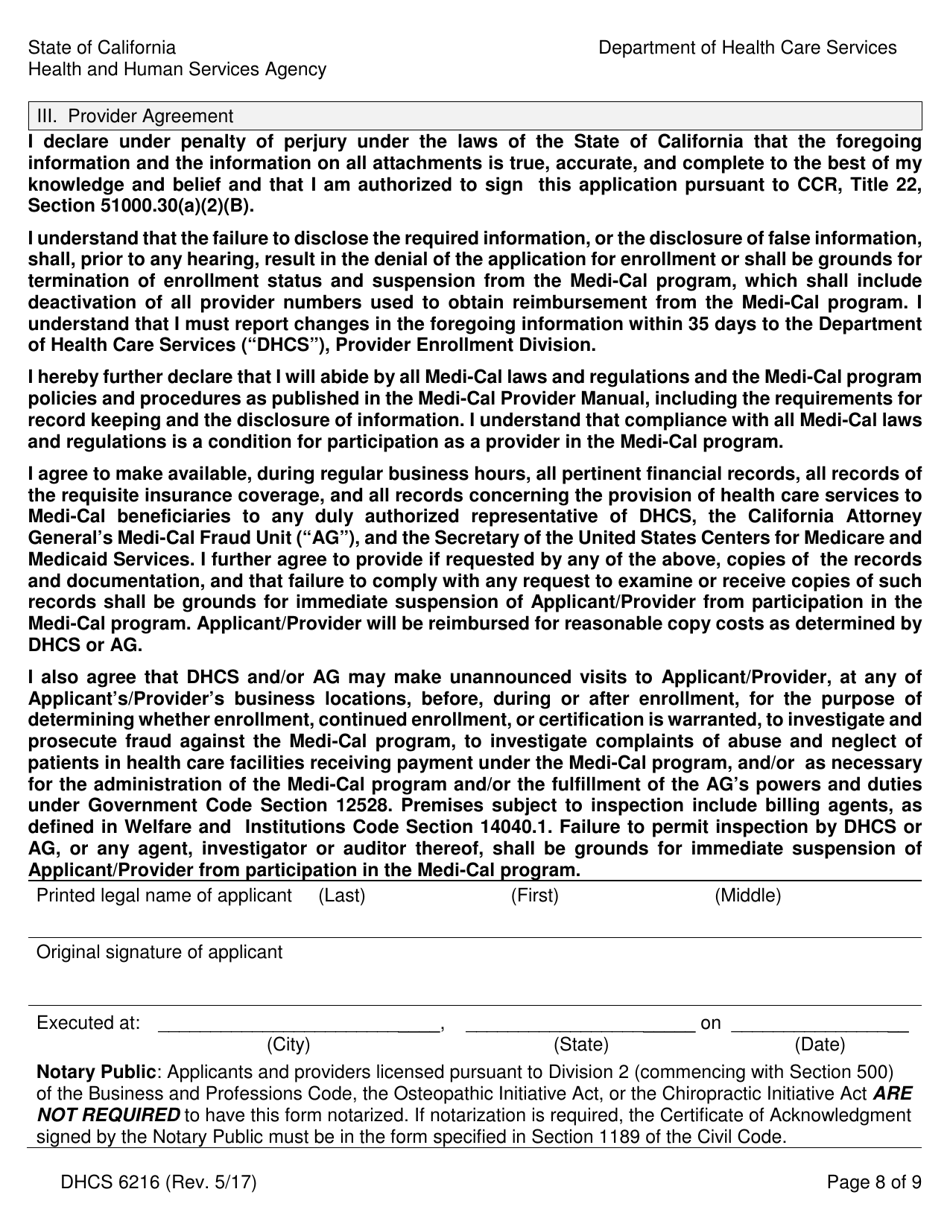 Form DHCS6216 Medi-Cal Rendering Provider Application / Disclosure Statement / Agreement for Physician / Allied / Dental Providers - California, Page 10