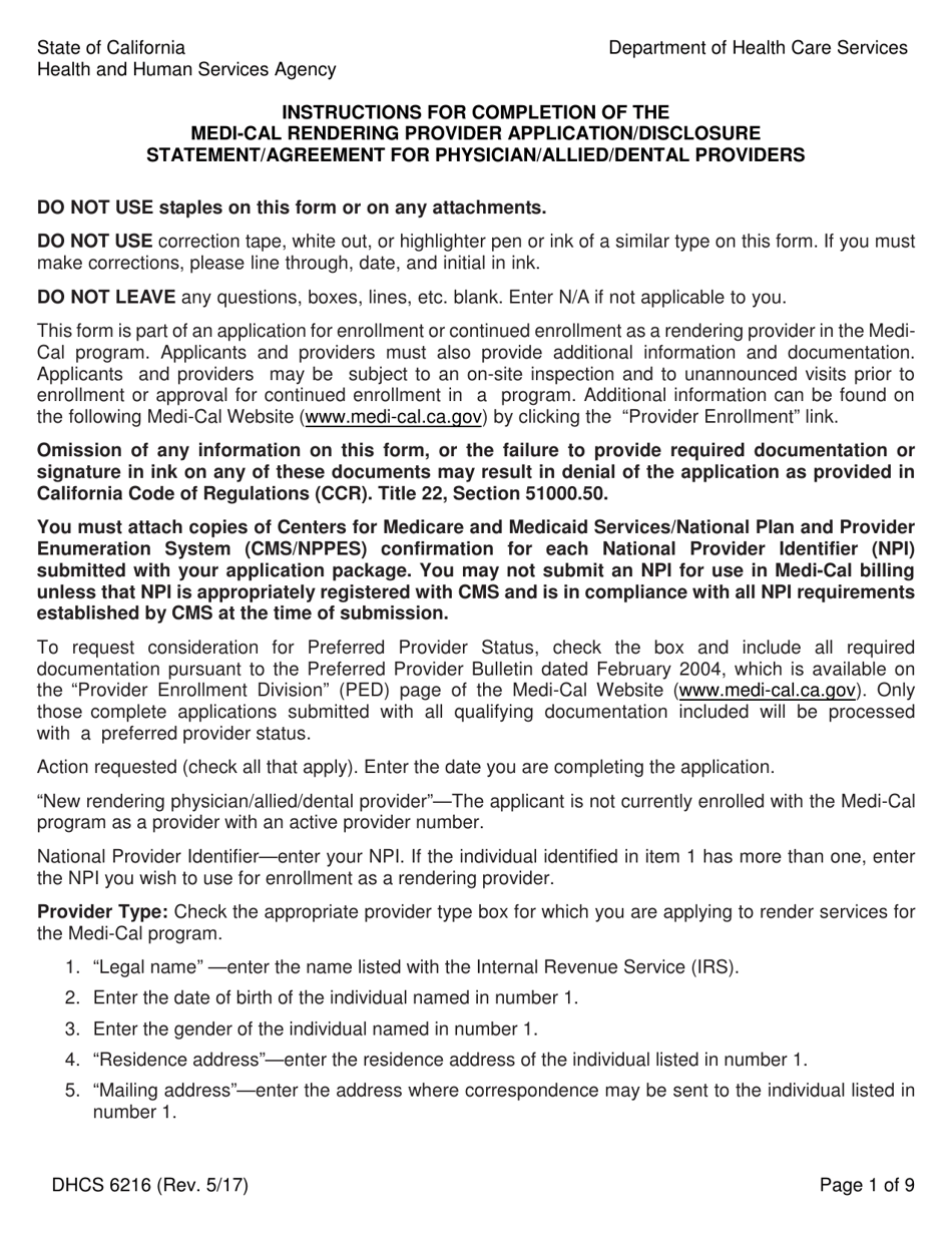 Form DHCS6216 Medi-Cal Rendering Provider Application / Disclosure Statement / Agreement for Physician / Allied / Dental Providers - California, Page 3