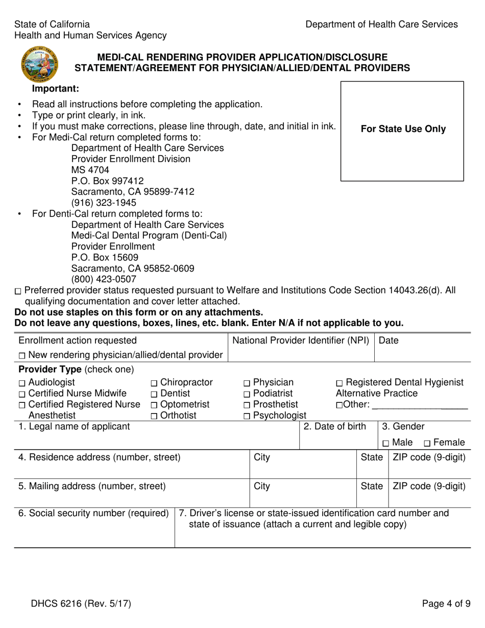 Form DHCS6216 Medi-Cal Rendering Provider Application / Disclosure Statement / Agreement for Physician / Allied / Dental Providers - California, Page 6