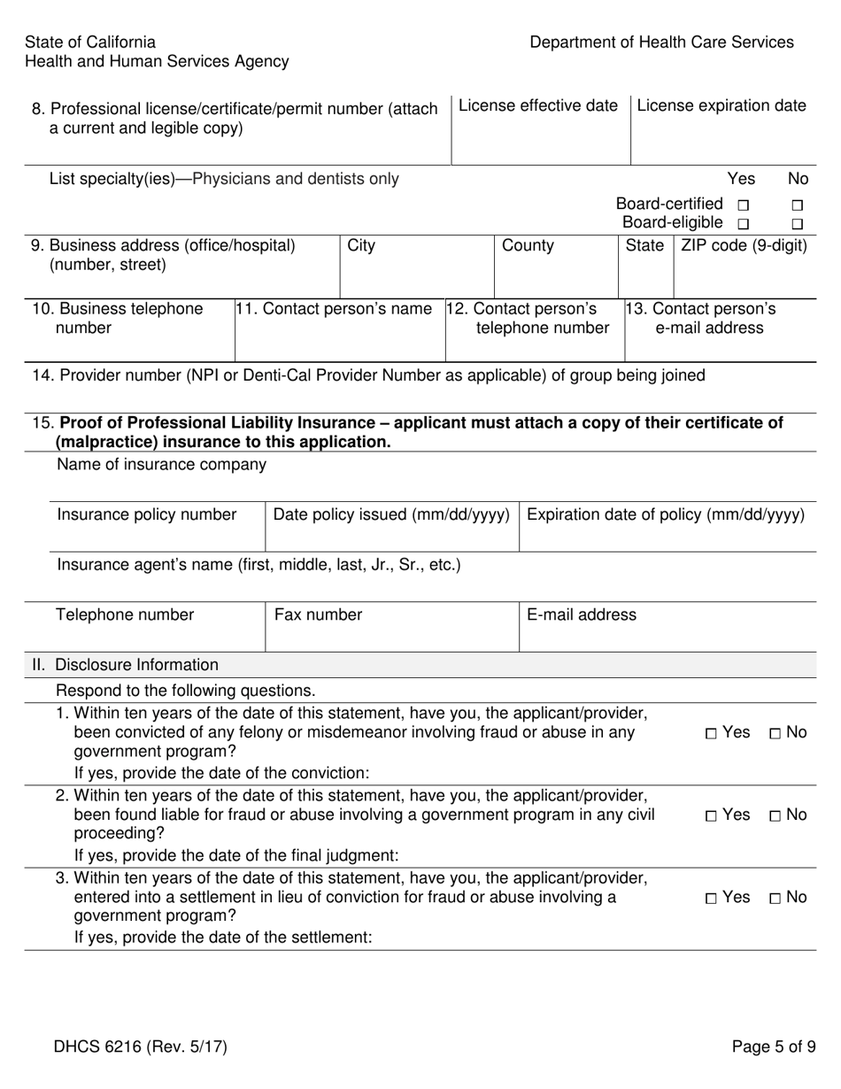 Form DHCS6216 Medi-Cal Rendering Provider Application / Disclosure Statement / Agreement for Physician / Allied / Dental Providers - California, Page 7