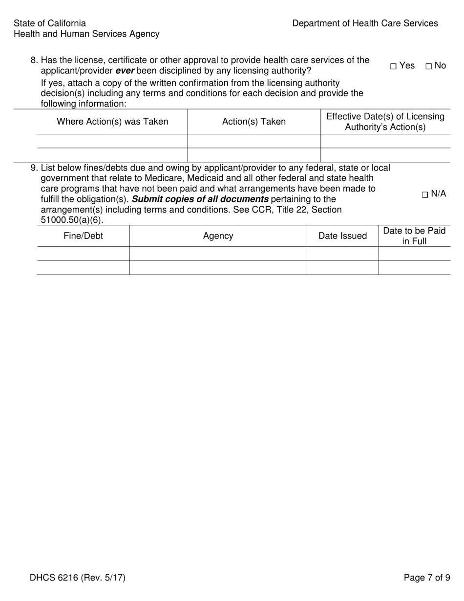 Form DHCS6216 Medi-Cal Rendering Provider Application / Disclosure Statement / Agreement for Physician / Allied / Dental Providers - California, Page 9