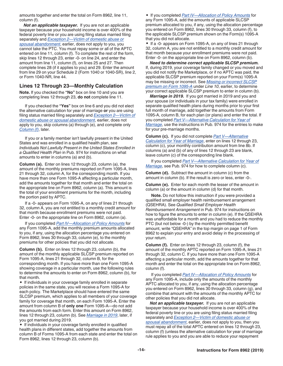 Instructions for IRS Form 8962 Premium Tax Credit (Ptc), Page 14