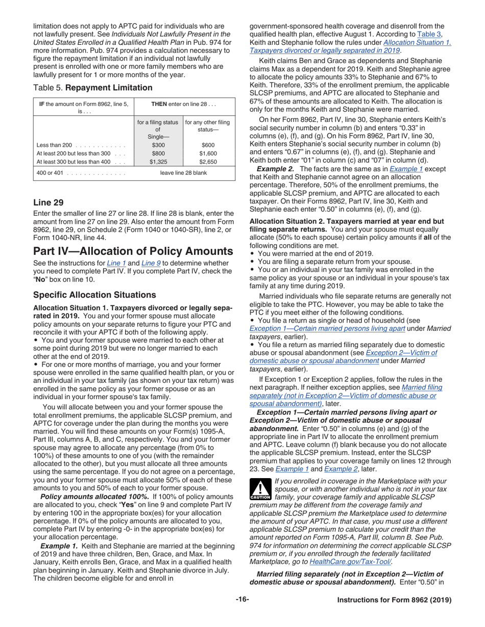 Instructions for IRS Form 8962 Premium Tax Credit (Ptc), Page 16