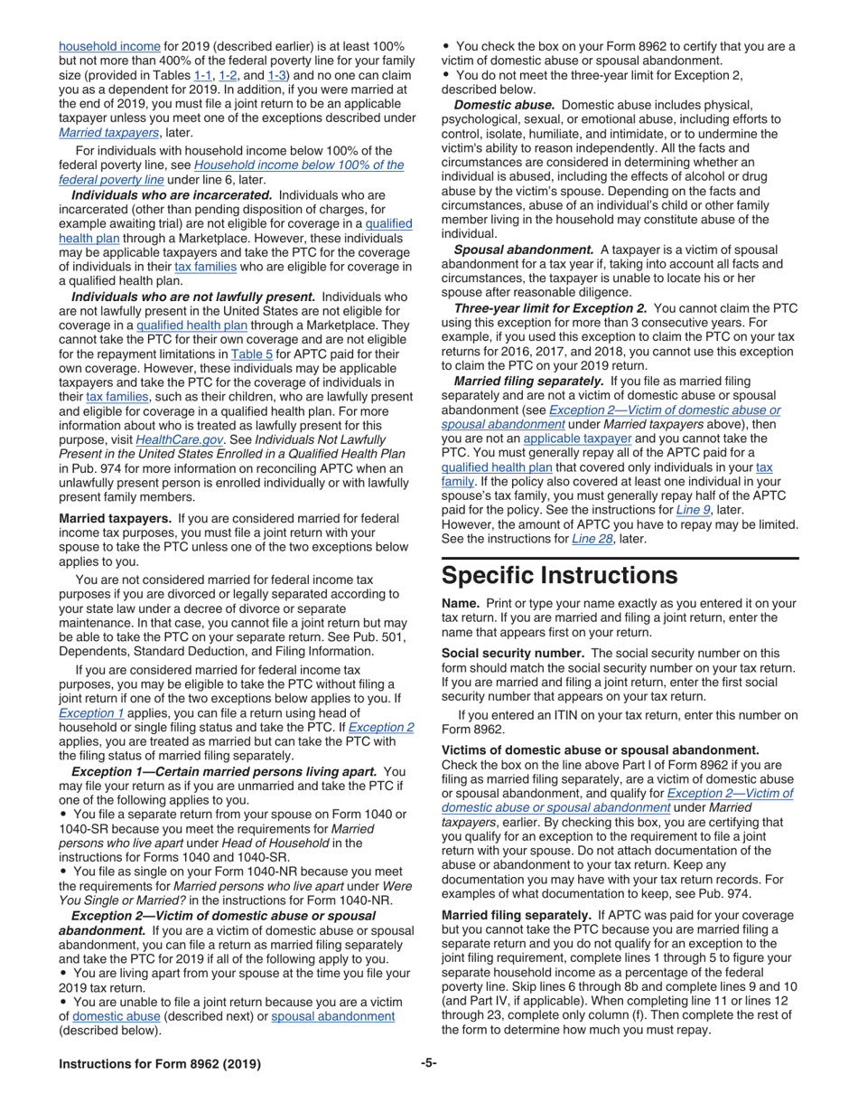 Instructions for IRS Form 8962 Premium Tax Credit (Ptc), Page 5