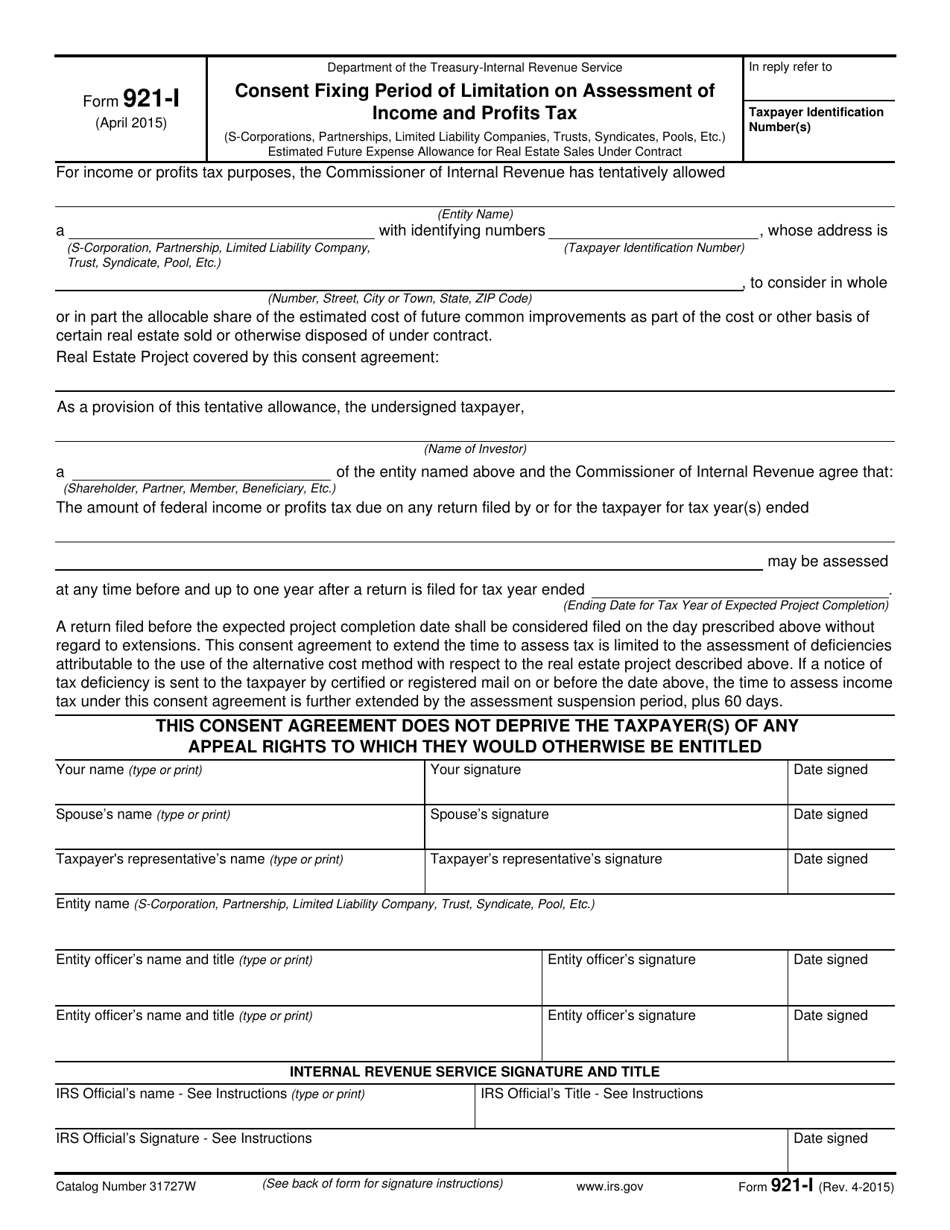 IRS Form 921-I Consent Fixing Period of Limitation on Assessment of Income and Profits Tax, Page 1