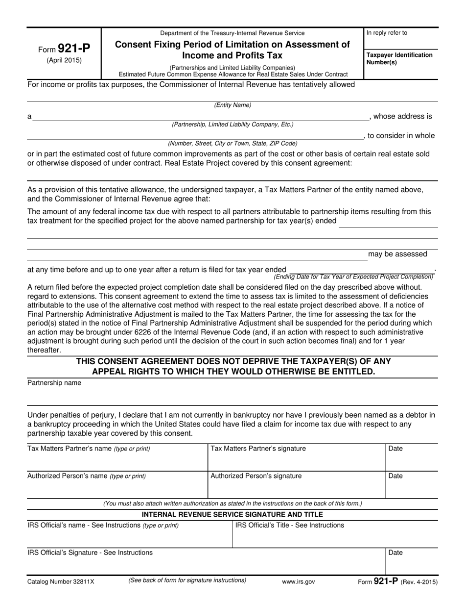 IRS Form 921-P Consent Fixing Period of Limitation on Assessment of Income and Profits Tax, Page 1