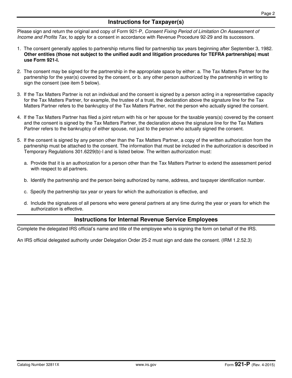 IRS Form 921-P Consent Fixing Period of Limitation on Assessment of Income and Profits Tax, Page 2