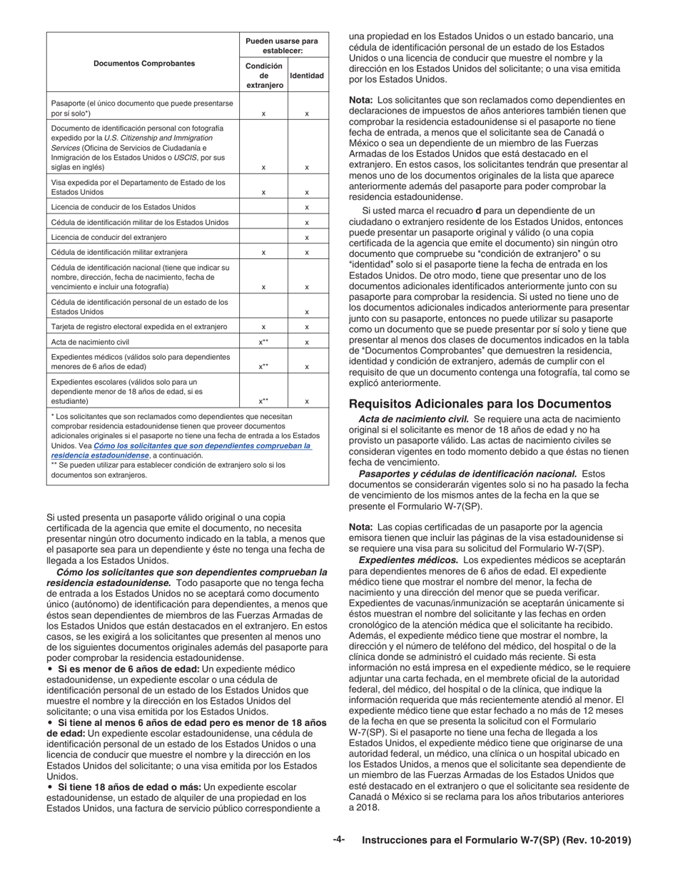Instrucciones para IRS Formulario W-7(SP) Solicitud De Numero De Identificacion Personal Del Contribuyente Del Servicio De Impuestos Internos (Spanish), Page 4
