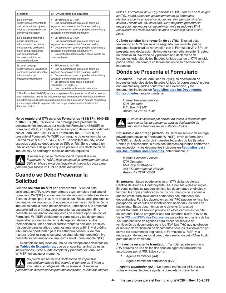 Instrucciones para IRS Formulario W-7(SP) Solicitud De Numero De Identificacion Personal Del Contribuyente Del Servicio De Impuestos Internos (Spanish), Page 6