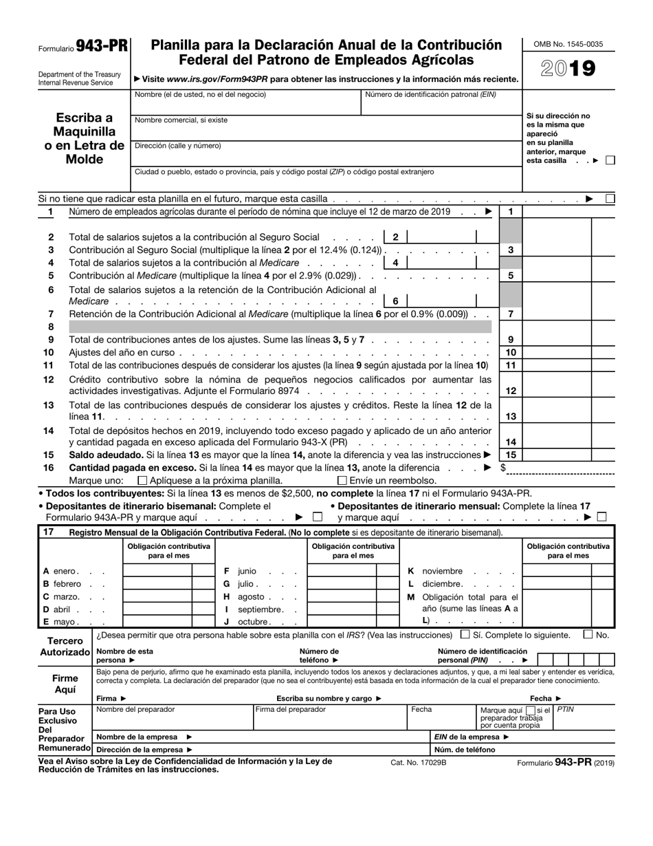 IRS Formulario 943-PR Planilla Para La Declaracion Anual De La Contribucion Federal Del Patrono De Empleados Agricolas (Puerto Rican Spanish), Page 1