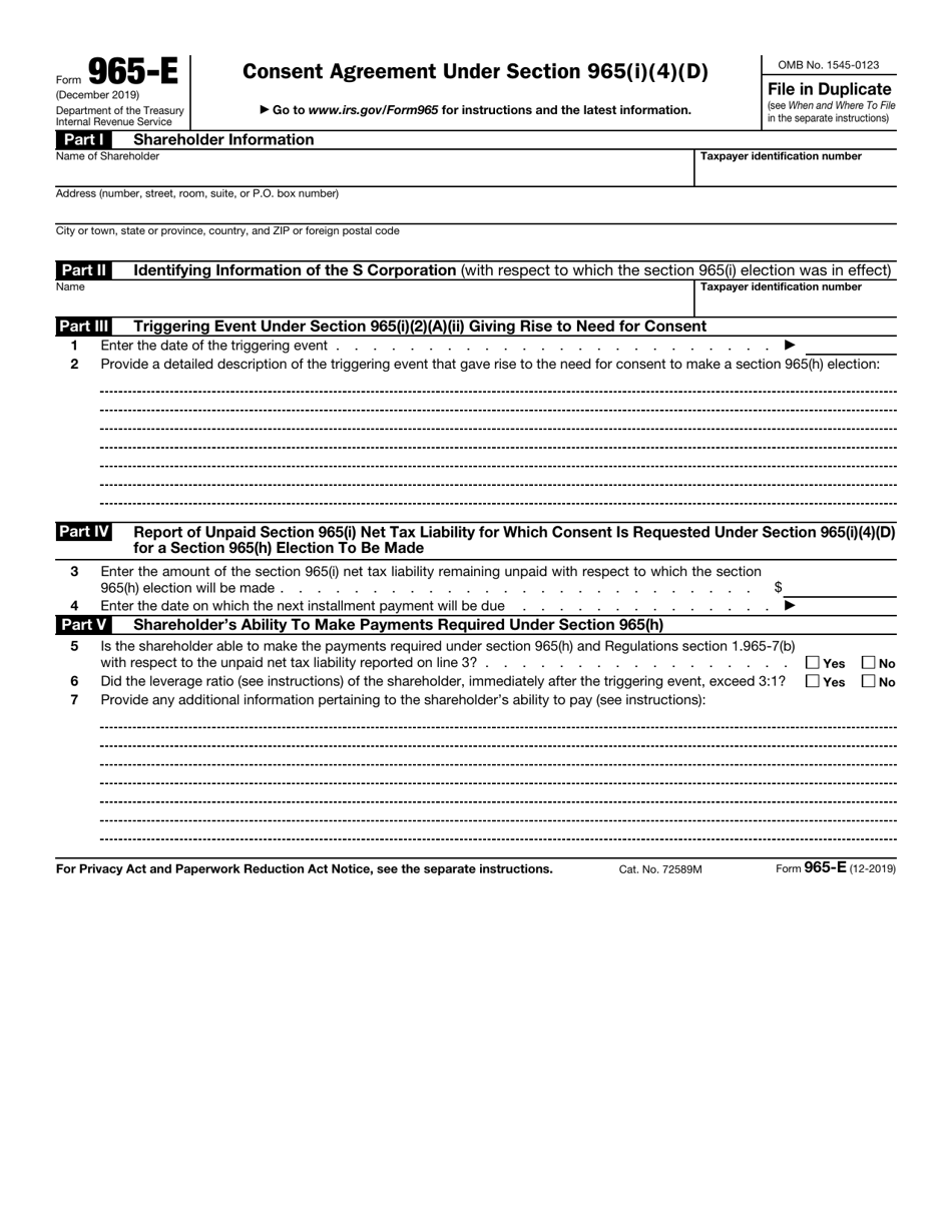 IRS Form 965-E Consent Agreement Under Section 965(I)(4)(D), Page 1