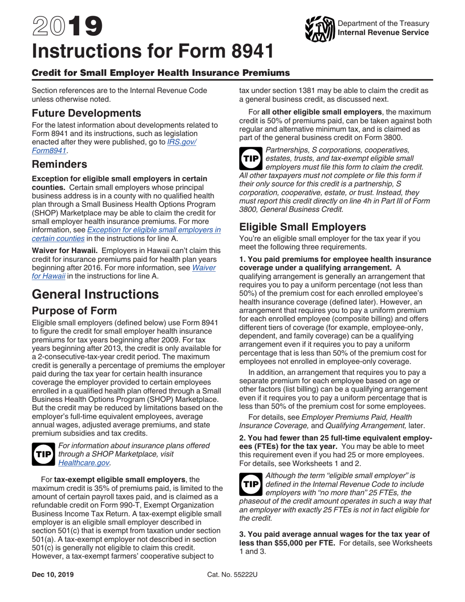 Instructions for IRS Form 8941 Credit for Small Employer Health Insurance Premiums, Page 1
