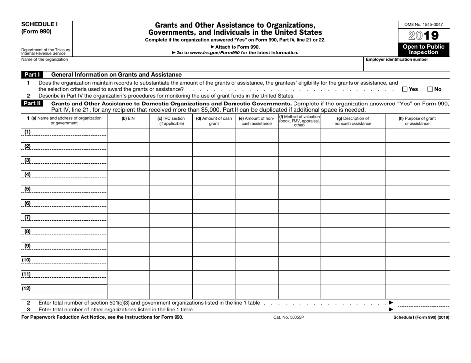 IRS Form 990 Schedule I Grants and Other Assistance to Organizations, Governments, and Individuals in the United States, Page 1