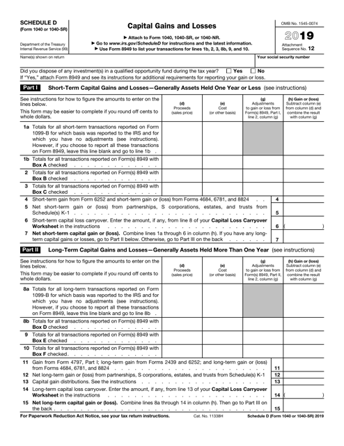 IRS Form 1040 (1040-SR) Schedule D 2019 Printable Pdf