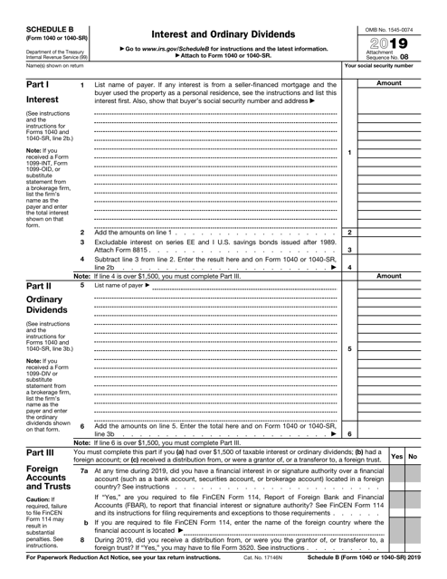 IRS Form 1040 (1040-SR) Schedule B 2019 Printable Pdf