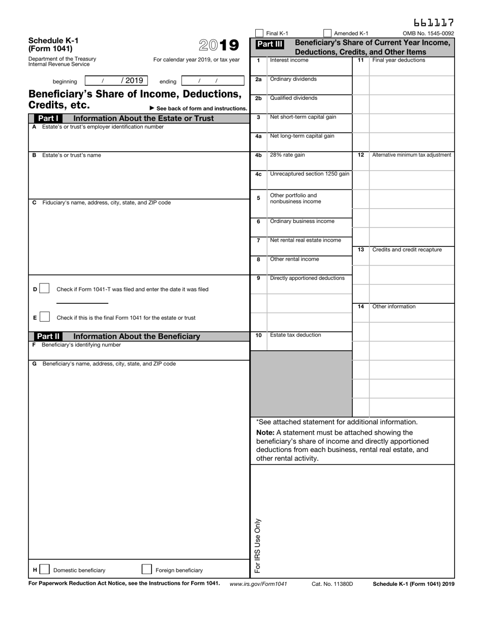 IRS Form 1041 Schedule K-1 Beneficiarys Share of Income, Deductions, Credits, Etc., Page 1