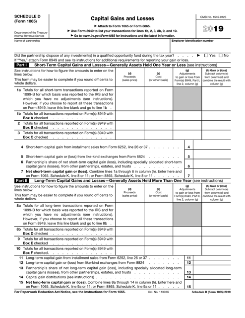 IRS Form 1065 Schedule D 2019 Printable Pdf