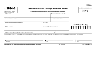 Document preview: IRS Form 1094-B Transmittal of Health Coverage Information Returns