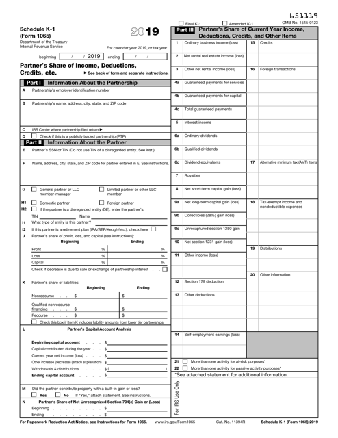 IRS Form 1065 Schedule K-1 2019 Printable Pdf