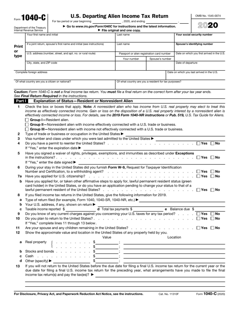 IRS Form 1040-C Download Fillable PDF or Fill Online U.S. Departing Alien Income Tax Return ...