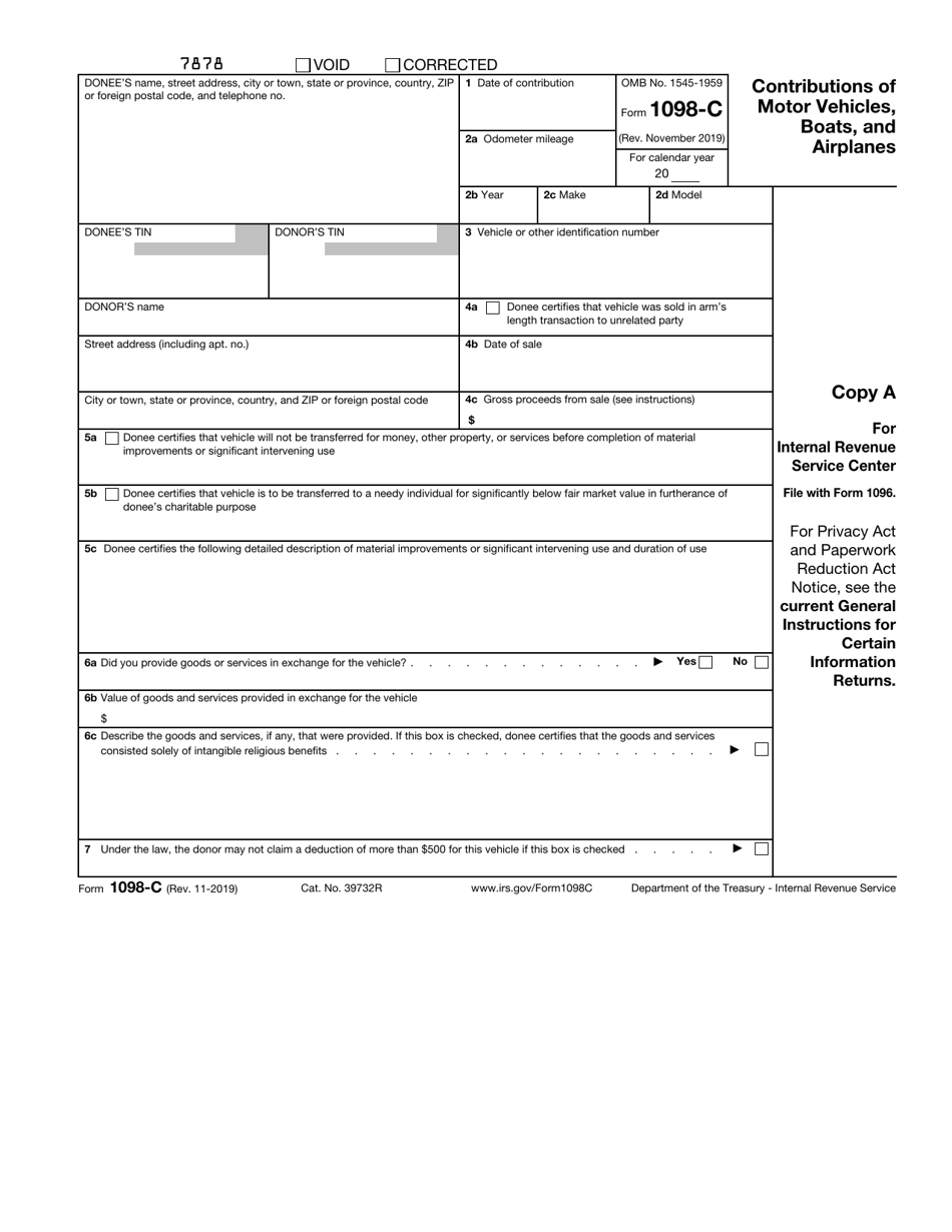 IRS Form 1098-C Contributions of Motor Vehicles, Boats, and Airplanes, Page 1