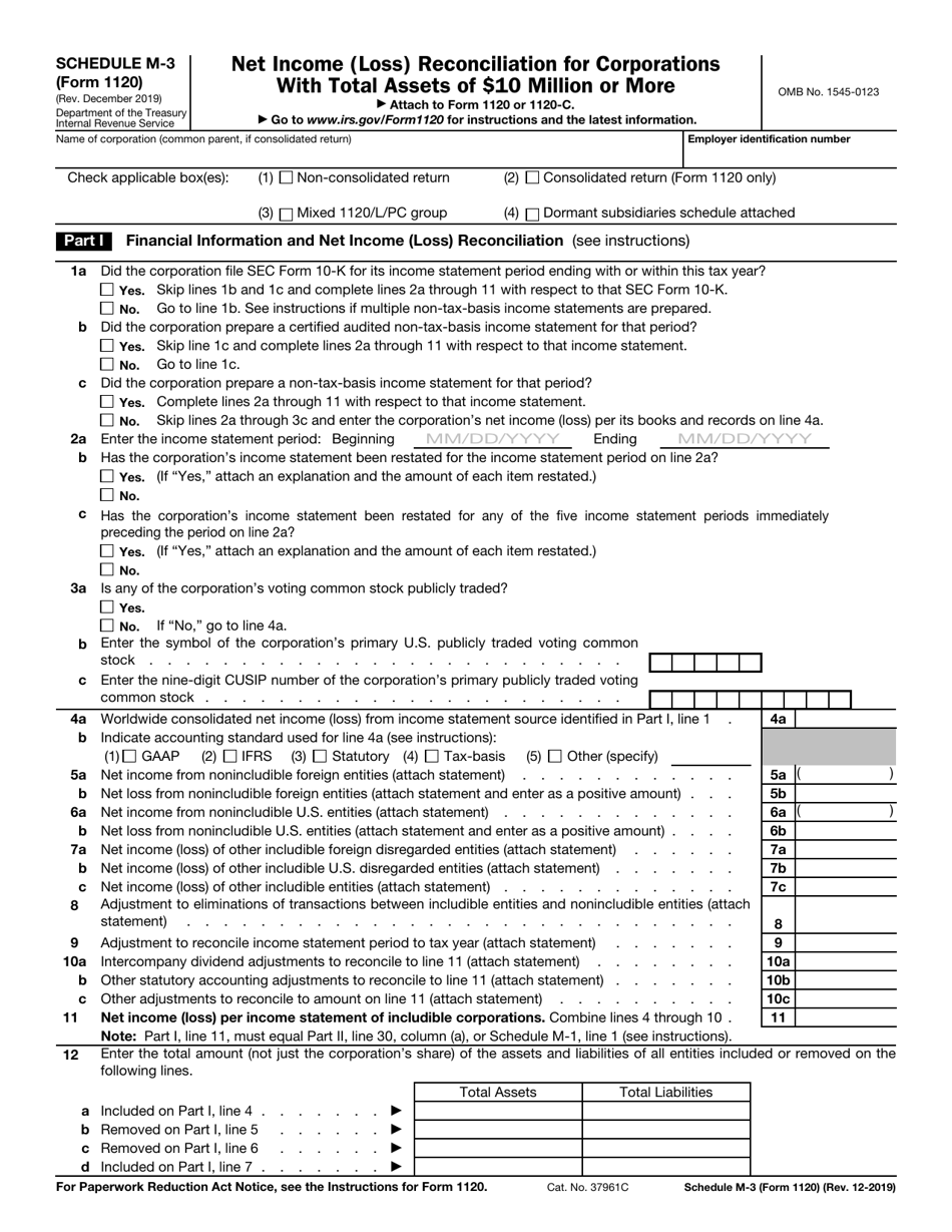IRS Form 1120 Schedule M-3 Net Income (Loss) Reconciliation for Corporations With Total Assets of $10 Million or More, Page 1