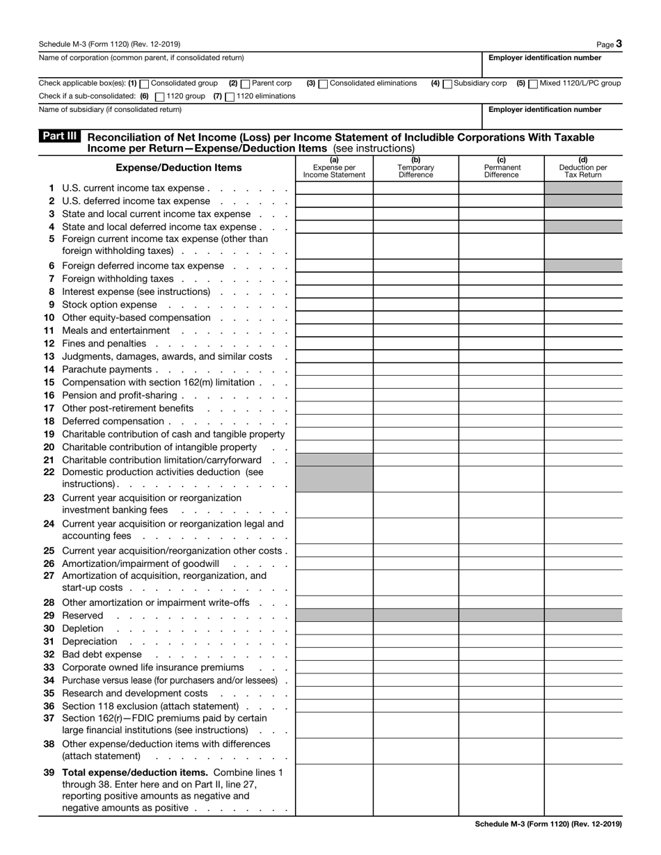 IRS Form 1120 Schedule M-3 Net Income (Loss) Reconciliation for Corporations With Total Assets of $10 Million or More, Page 3