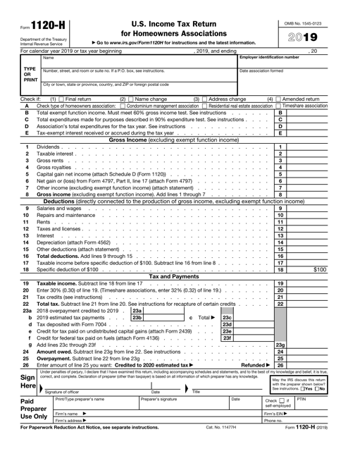 IRS Form 1120-H 2019 Printable Pdf
