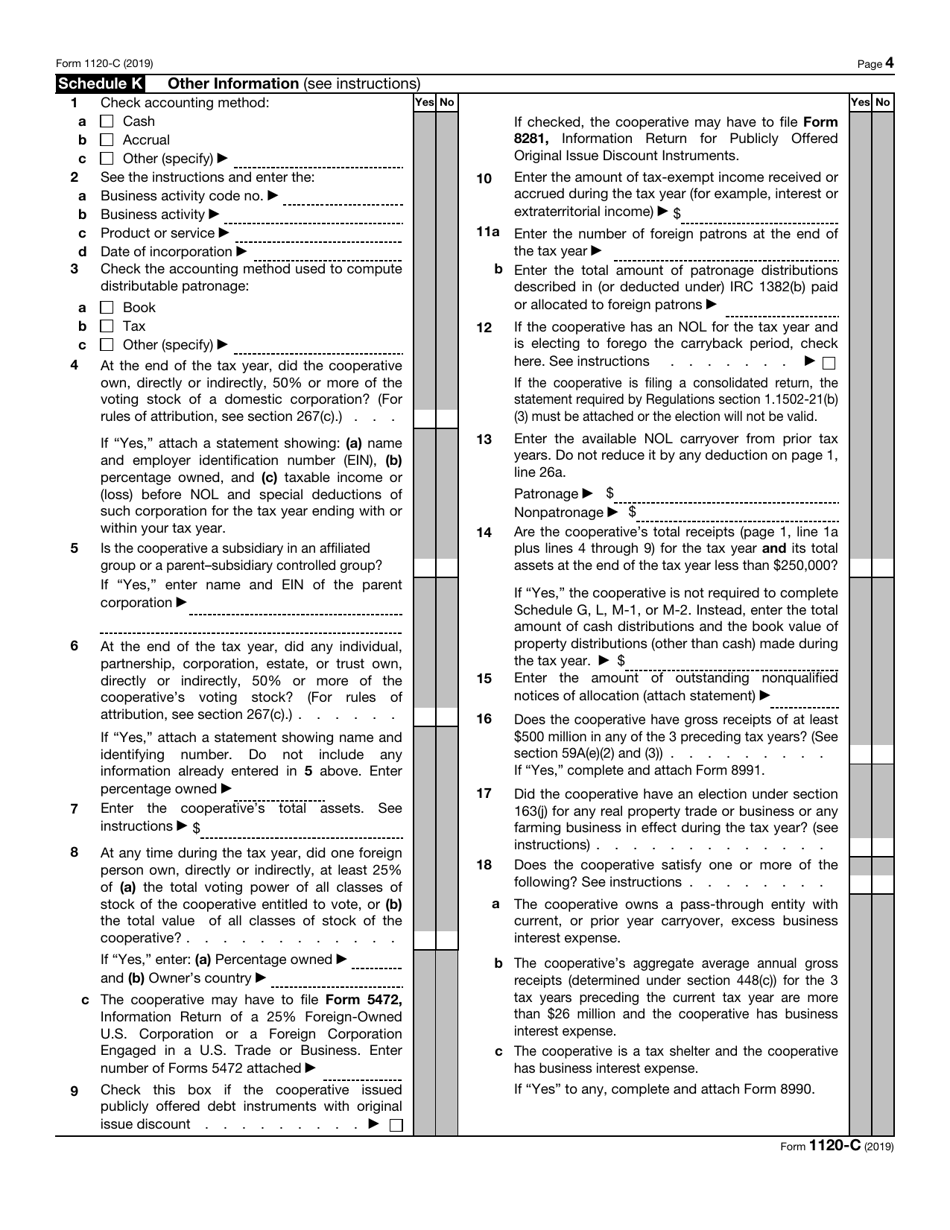 IRS Form 1120-C U.S. Income Tax Return for Cooperative Associations, Page 4