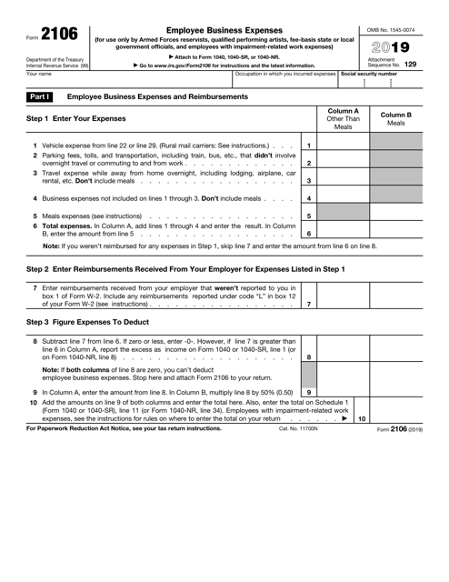 IRS Form 2106 2019 Printable Pdf