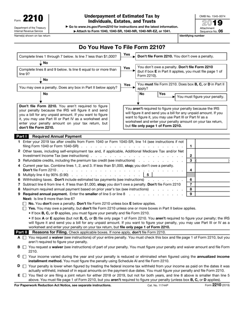 IRS Form 2210 2019 Printable Pdf