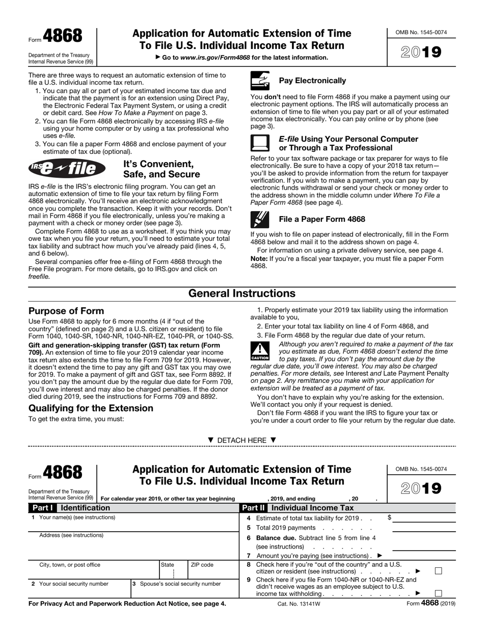 IRS Form 4868 Application for Automatic Extension of Time to File U.S. Individual Income Tax Return, Page 1