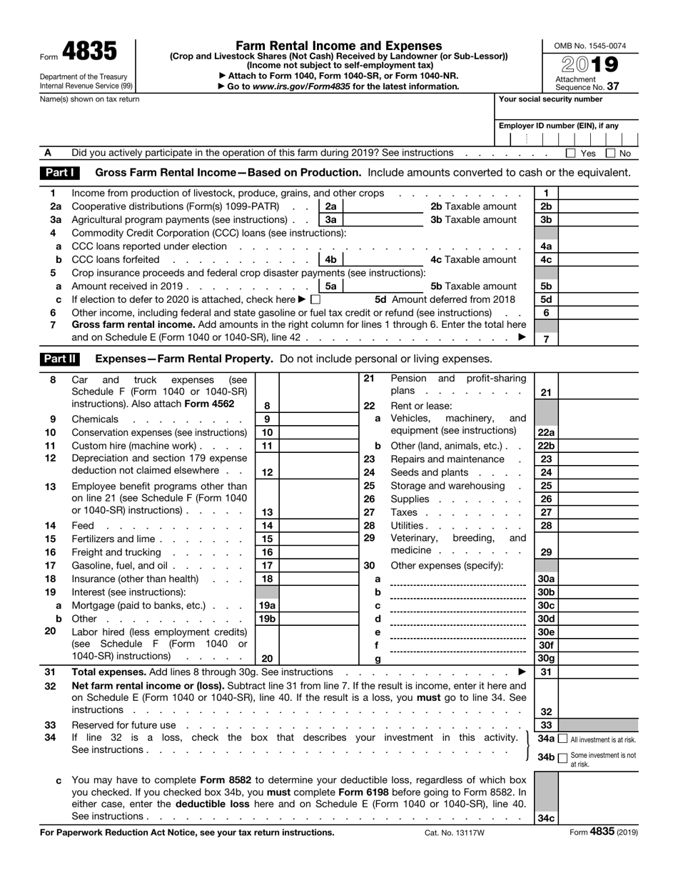 IRS Form 4835 Download Fillable PDF or Fill Online Farm Rental Income ...