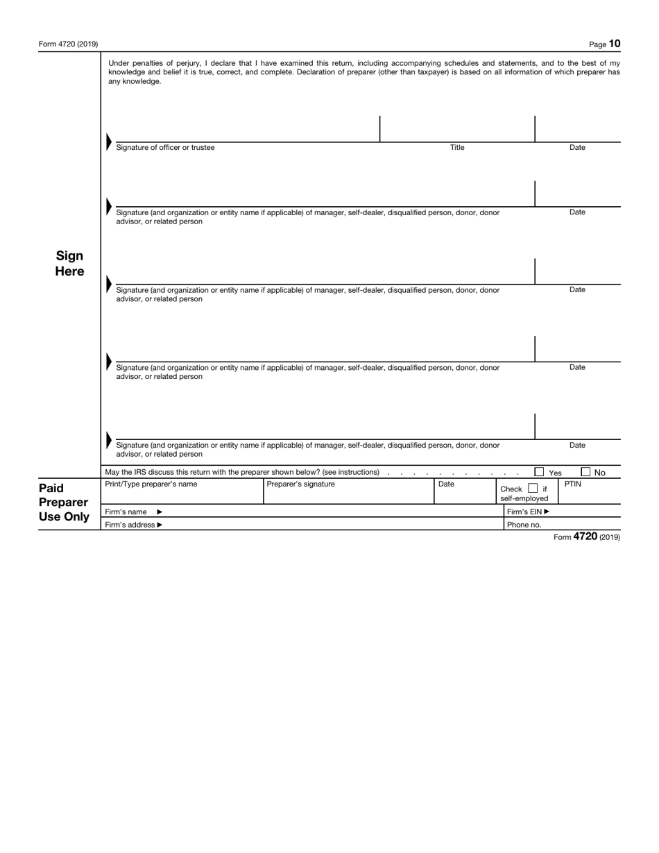 IRS Form 4720 Return of Certain Excise Taxes Under Chapters 41 and 42 of the Internal Revenue Code, Page 10
