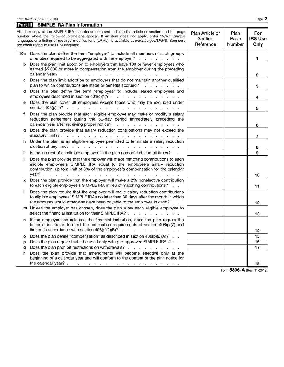 IRS Form 5306-A Application for Approval of Prototype Simplified Employee Pension (Sep) or Savings Incentive Match Plan for Employees of Small Employers (Simple Ira Plan), Page 2