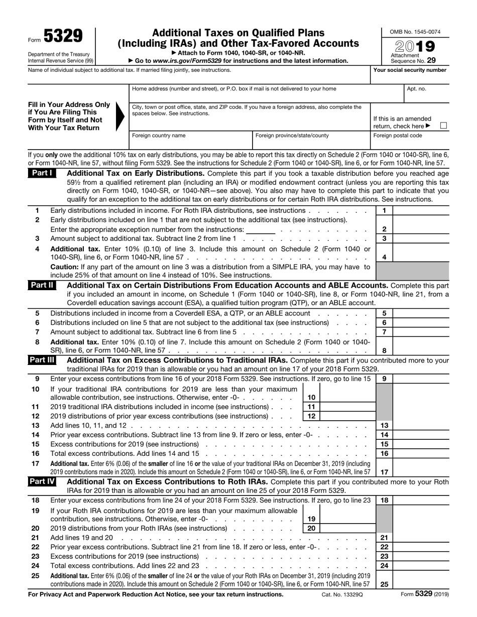 IRS Form 5329 Additional Taxes on Qualified Plans (Including IRAs) and Other Tax-Favored Accounts, Page 1