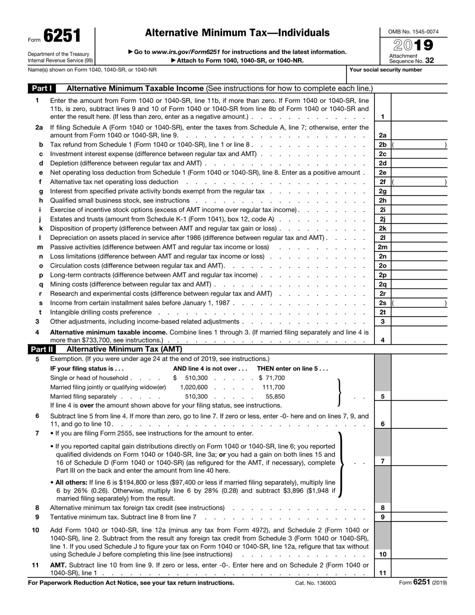 IRS Form 6251 - 2019 - Fill Out, Sign Online and Download Fillable PDF ...