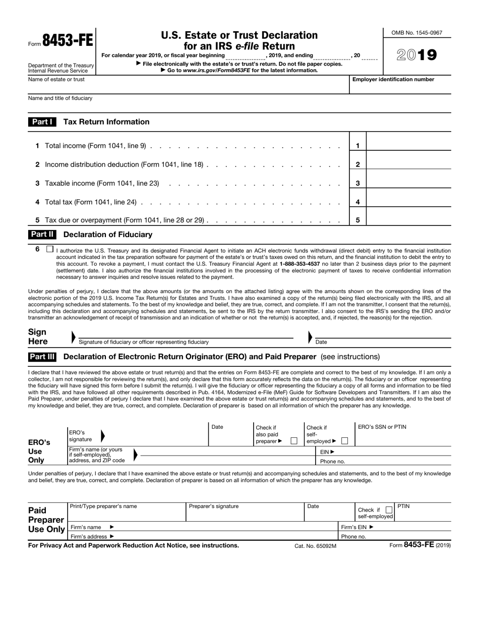 IRS Form 8453-FE U.S. Estate or Trust Declaration for an IRS E-File Return, Page 1