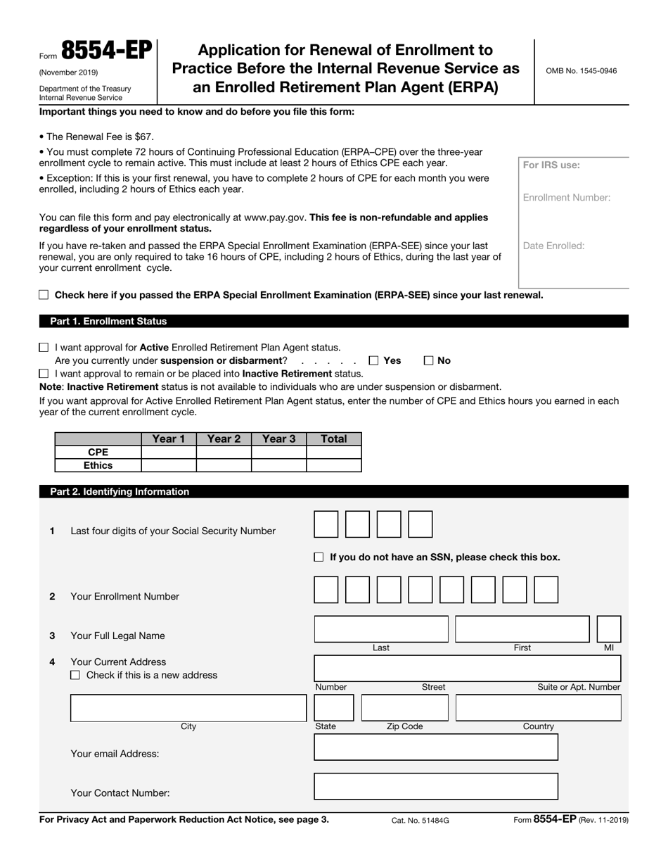 IRS Form 8554-EP Application for Renewal of Enrollment to Practice Before the Internal Revenue Service as an Enrolled Retirement Plan Agent (Erpa), Page 1
