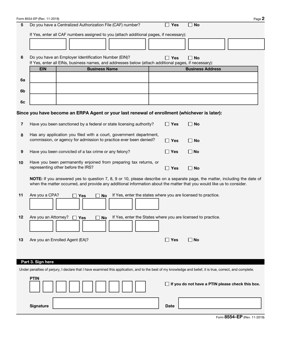 IRS Form 8554-EP Application for Renewal of Enrollment to Practice Before the Internal Revenue Service as an Enrolled Retirement Plan Agent (Erpa), Page 2