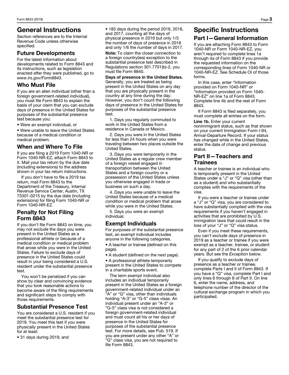 IRS Form 8843 Statement for Exempt Individuals and Individuals With a Medical Condition, Page 3