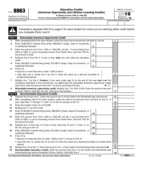 IRS Form 8863 - 2019 - Fill Out, Sign Online and Download Fillable PDF ...
