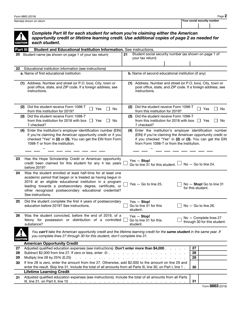 IRS Form 8863 - 2019 - Fill Out, Sign Online and Download Fillable PDF ...