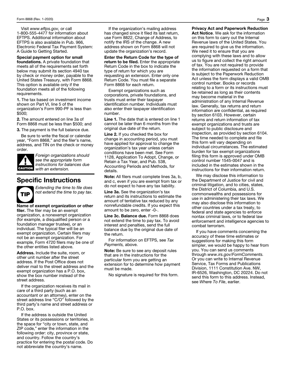 IRS Form 8868 Application for Automatic Extension of Time to File an Exempt Organization Return, Page 3