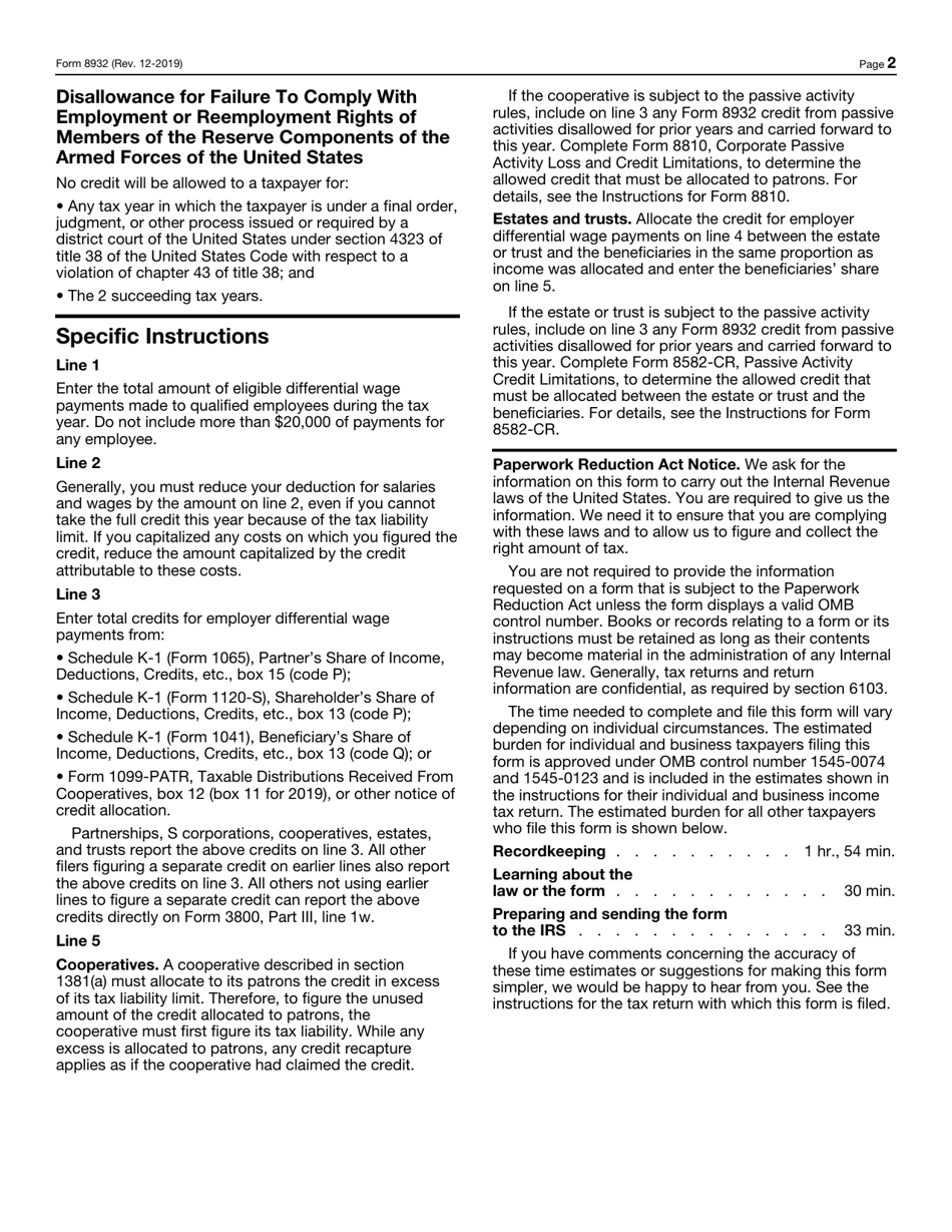 IRS Form 8932 Credit for Employer Differential Wage Payments, Page 2