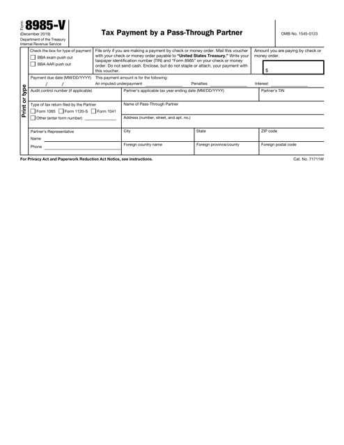 IRS Form 8985-V Tax Payment by a Pass-Through Partner