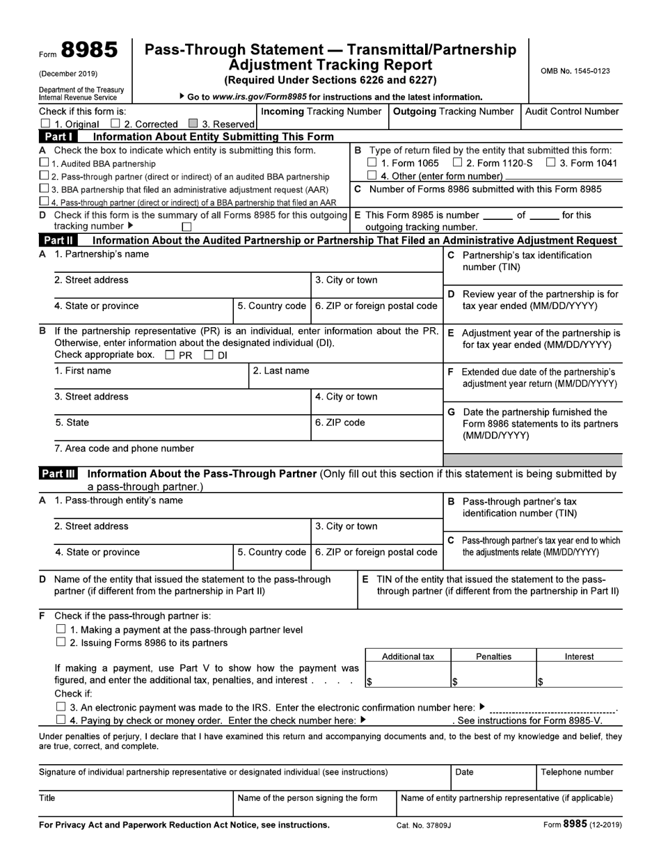 IRS Form 8985 Pass-Through Statement - Transmittal / Partnership Adjustment Tracking Report (Required Under Sections 6226 and 6227), Page 1