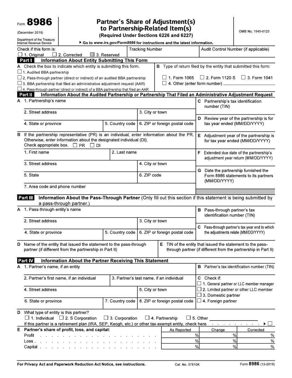 IRS Form 8986 Partners Share of Adjustment(S) to Partnership-Related Item(S) (Required Under Sections 6226 and 6227), Page 1