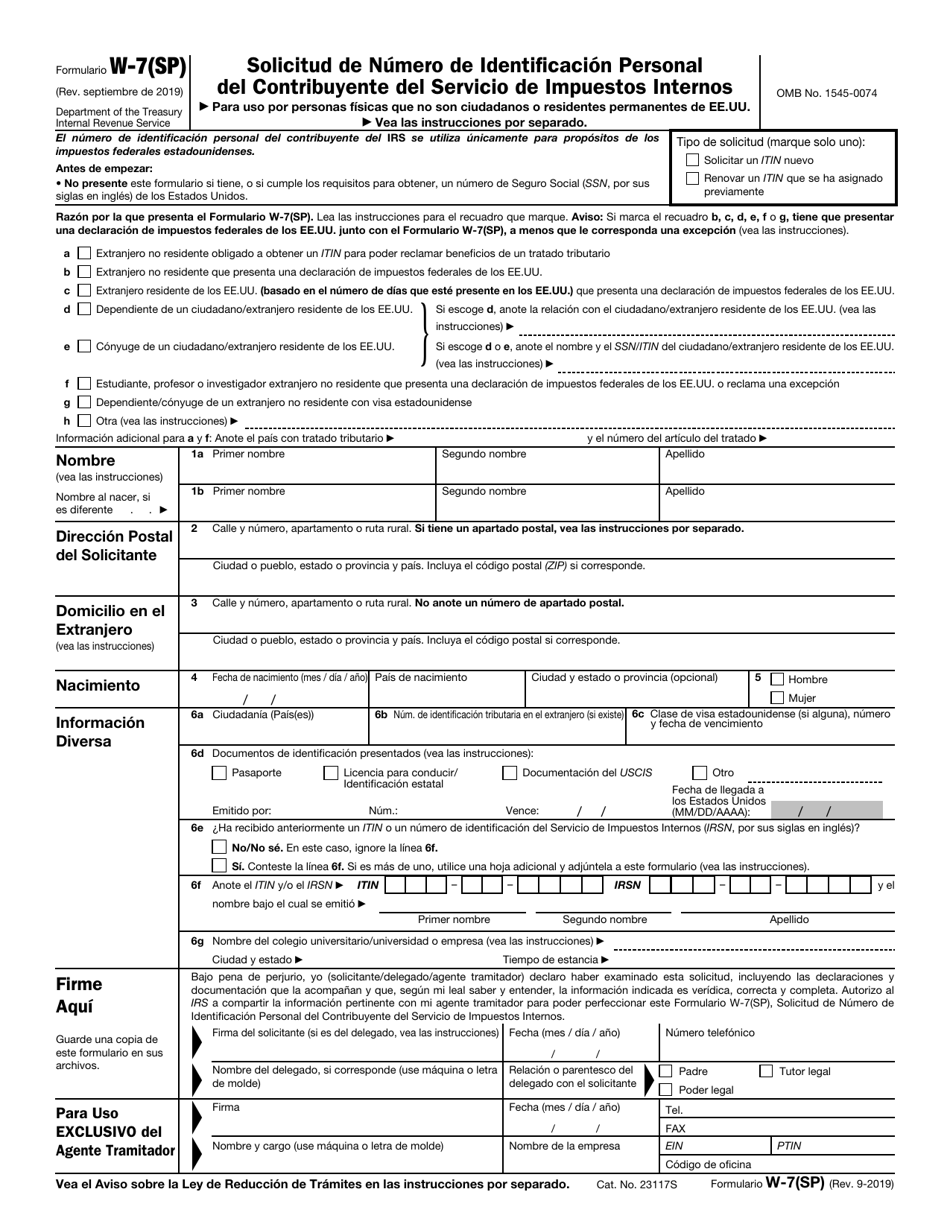 IRS Formulario W-7(SP) Solicitud De Numero De Identificacion Personal Del Contribuyente Del Servicio De Impuestos Internos (Spanish), Page 1